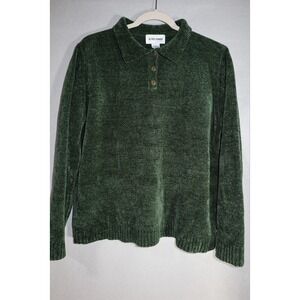 Alfred Dunner Womens large Hunter Green Knit Henley Shirt Blouse Long Sleeve